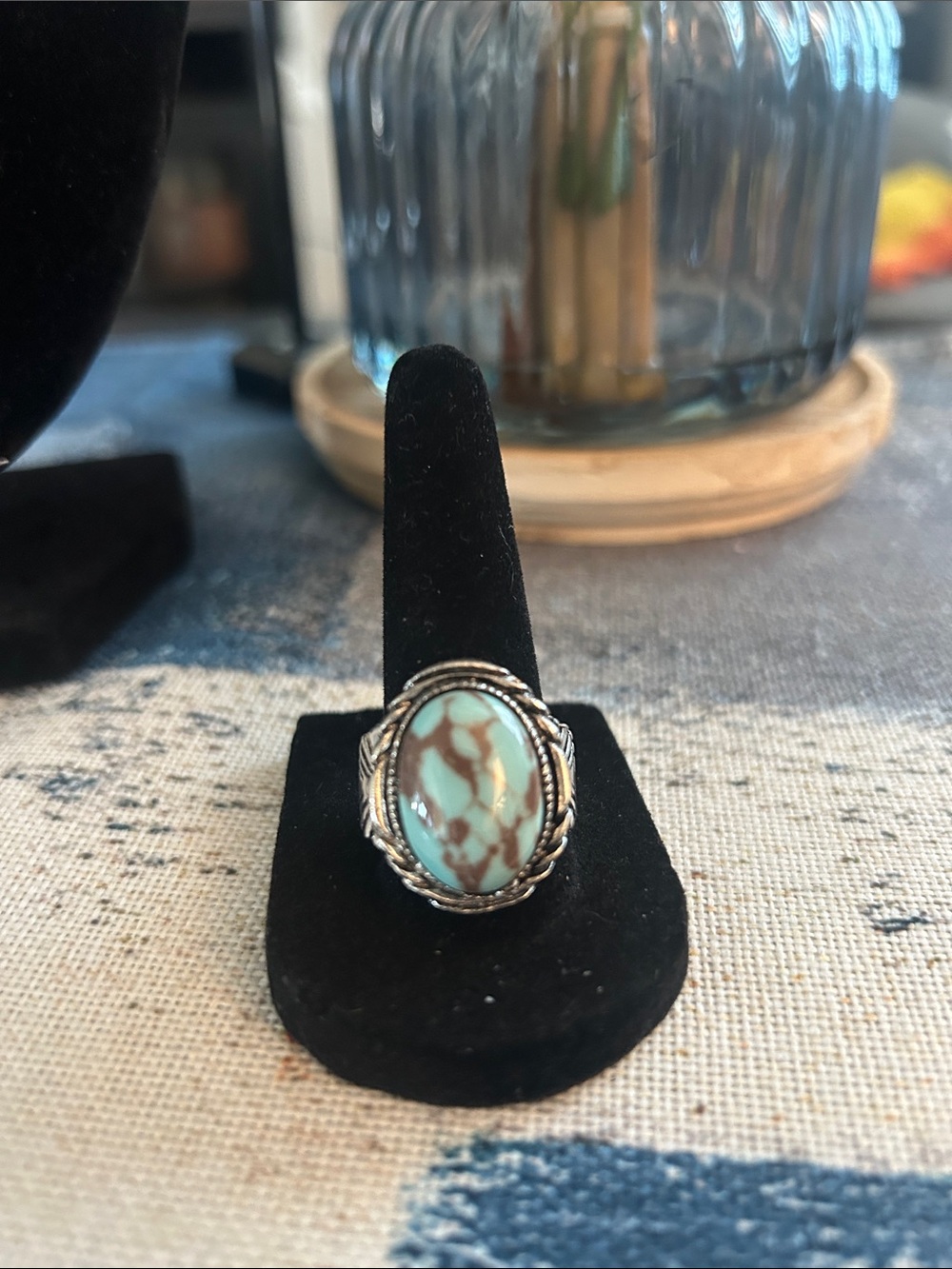 Silver Simulated Turquoise Zircon Flower Ring size 9.